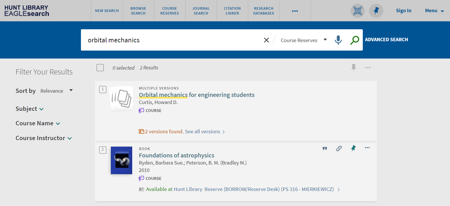 EagleSearch Course Reserves results page