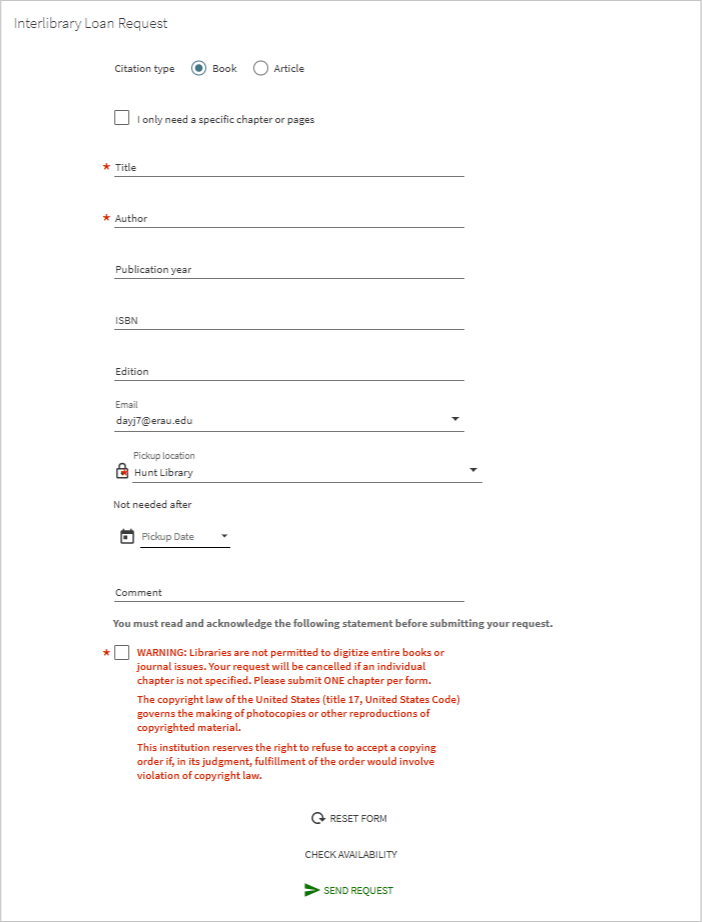 EagleSearch Interlibrary Loan Form screenshot